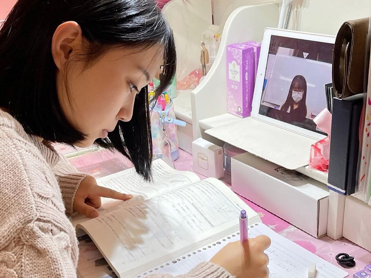 女の子がパソコンに映る講師と勉強をしている画像