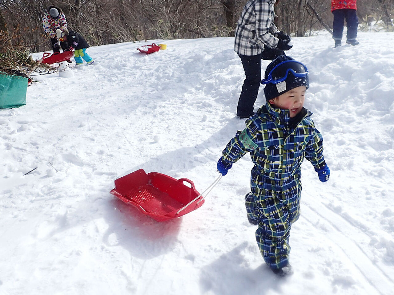 子どもが雪上でソリを引いている様子が分かる画像