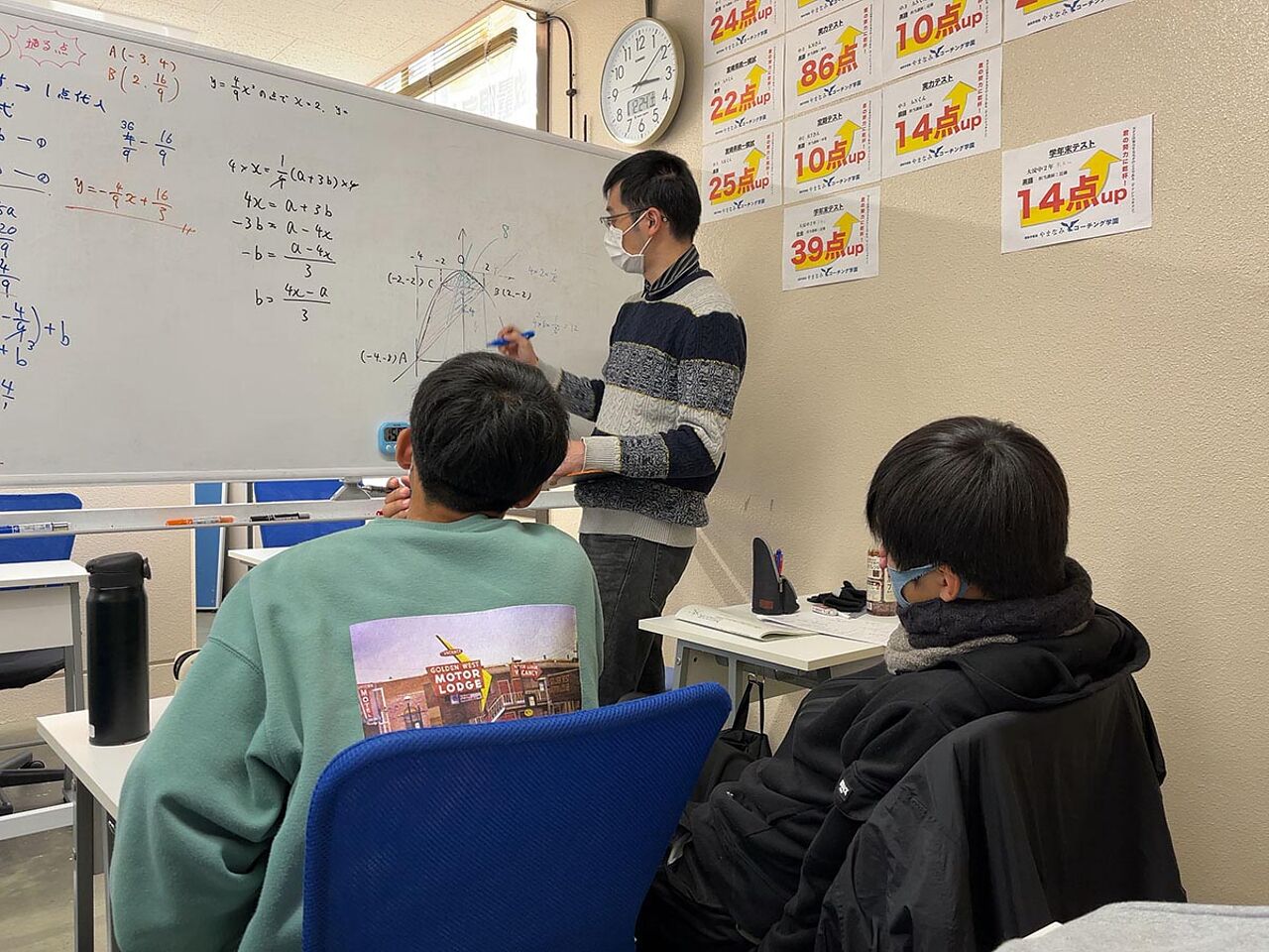 ホワイトボードの前で男性講師が男子生徒に勉強を教えている画像